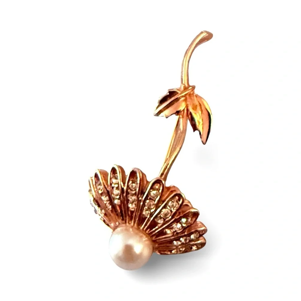 Vintage Mid Century Gold, Pearl & Rhinestone‎ Flower Brooch, 2” Tall, Estate
